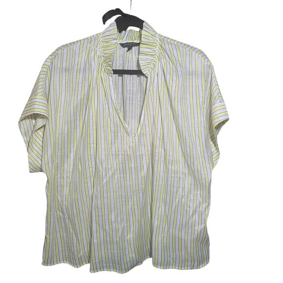Banana Republic White Yellow Striped Short Sleeve Ruffle Collar V-Neck Blouse XL - Picture 1 of 9